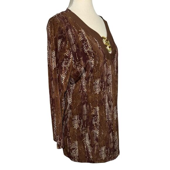 Vintage Brown Beige V Neck Animal Snake Print 3/4 quarter Sleeve Blouse size L - Picture 6 of 9